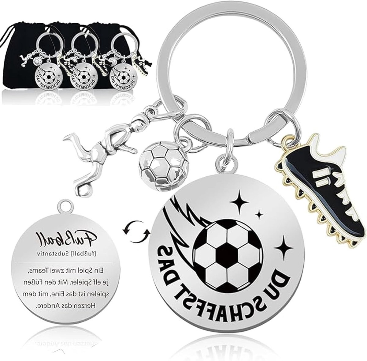 Set van 3 Voetbal Sleutelhangers met Motivatie en Fluwelen Zak - Geweldig Voetbal Cadeau voor Jongens, Sportaccessoires en Cool Speelgoed voor Kinderen van 8 tot 14 Jaar