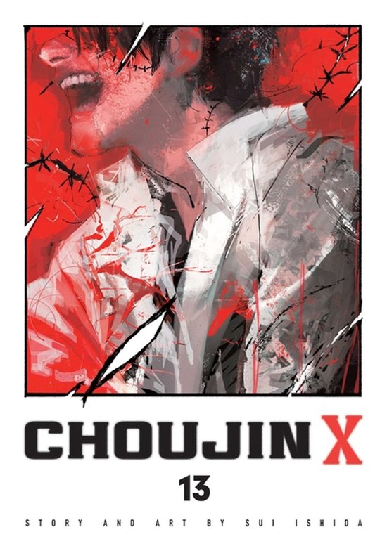 Couverture du livre Choujin X, volume 13. Une personne crie la bouche ouverte, du sang sur le visage. Détail sur une veste blanche aux accents rouges.