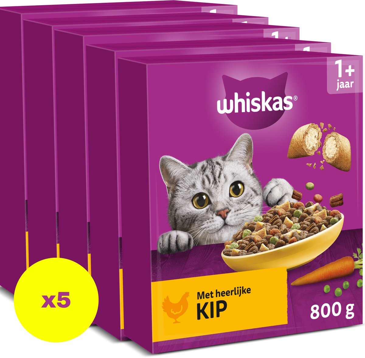 Bol.com Whiskas Kattenbrokken - Adult 1+ - Adult - Kip - doos 5x800g aanbieding