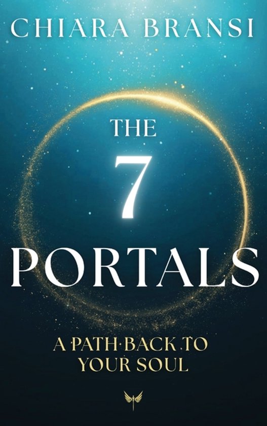 Boekomslag van "The 7 Portals" met gouden cirkel en titel op blauwe achtergrond.