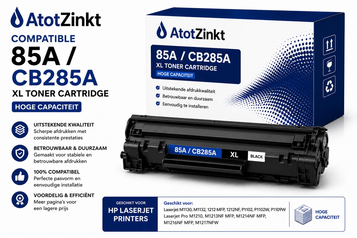 Atotzinkt Compatible XL Laser toner cartridge voor HP 85A / CE285A | Geschikt voor Laserjet M1130, M1132, 1212 MFP, 1212NF, P1102, P1102W, P1109W Laserjet Pro M1210, M1213NF MFP, M1214NF MFP, M1216NF MFP, M1217NFW