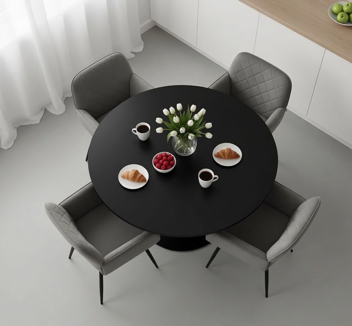 Ronde Eettafel Set 110 cm met 4 Stoelen – Luxe Velvet Dining Set Zwart & Grijs – Moderne Keuken- en Eetkamerset – 5-delige Tafel en Stoelen Set – Industrieel Design – 4 Personen - Ganeey