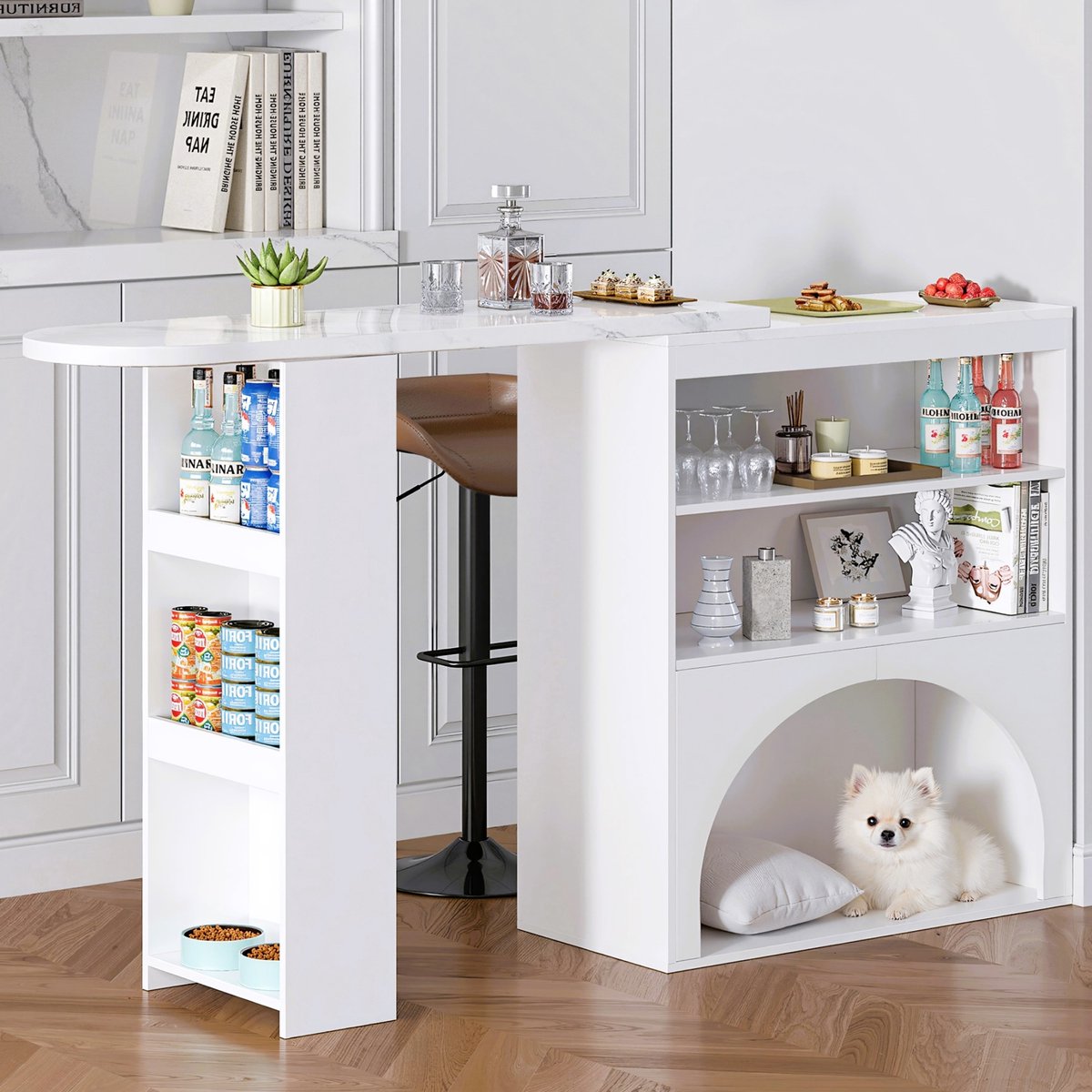 PHOEBE CAT Bartafel - Uitschuifbare Eettafel - Draaibaar tafelblad - Met opbergruimte - Marmerlook - Wit