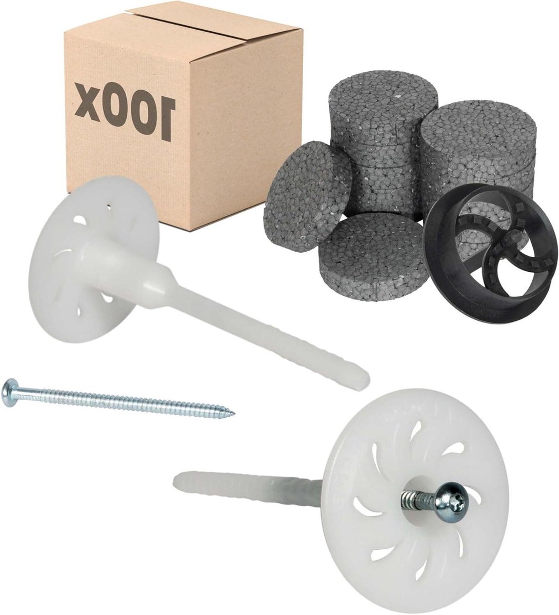 Isolatiepluggen Set - Gevelpluggen Bevestiging - Gevelisolatie Monteren - Voorgemonteerde Schroef - Ø8x160mm 100 stuks - Wit
