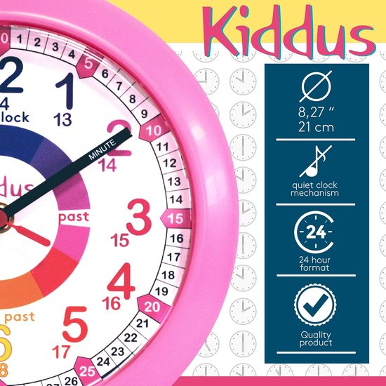 Wandklok Kinderen - Klok Leren Tijd - Tijd Leren - Geluidloos Uurwerk - 21 cm - Roze — afbeelding 2
