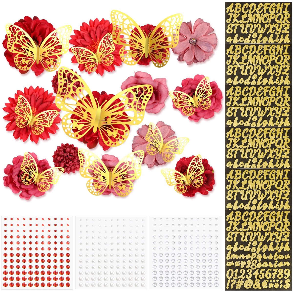 Allecto - Kunstmatige Bloemen - DIY Decoratie - Rood - Glitter Vlinders - Versieringen voor Feesten - Geschikt voor Bruiloften - 34 Stuks