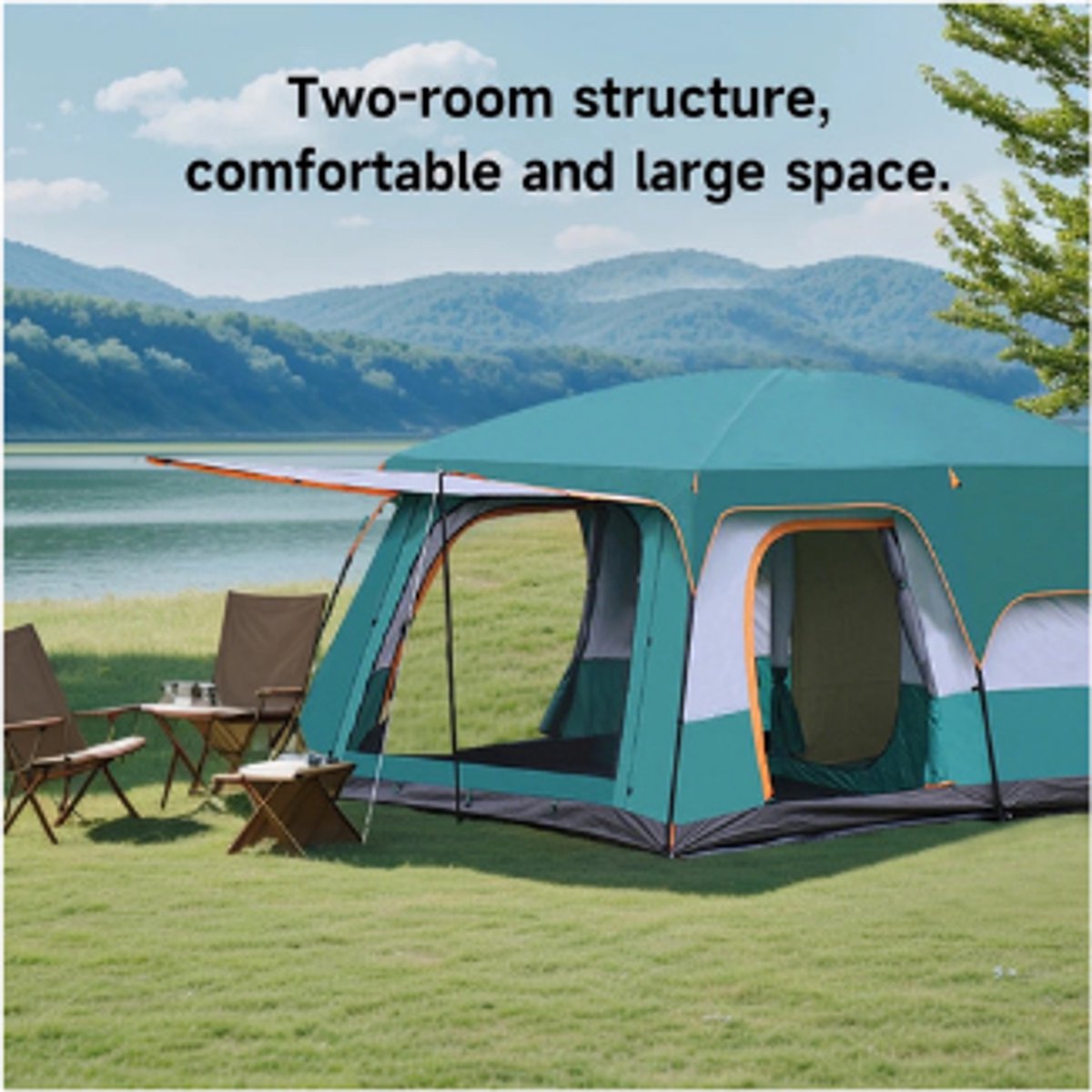 Tent-Camping tent-Tunnelcampingtent voor 3-12 Personen -2 kamer kampeertent met slaapcabine- UV-bescherming- waterdicht- opvouwbaar-Groen. – foto 2