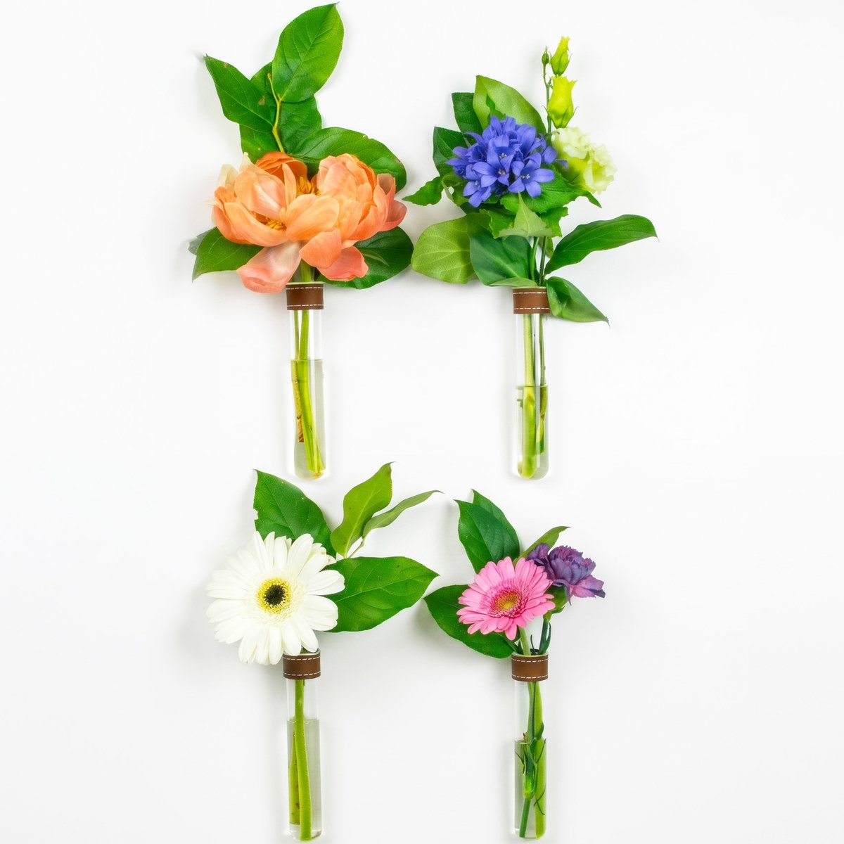 TWILG - Magnetische Muurvaasjes - 4 Stuks - Stek vaasjes - Glas - Cognac leer - Moederdag - Stekjes - Moderne vaas - Stekstation - Wandvaas - Droogbloemen - Reageerbuisjes