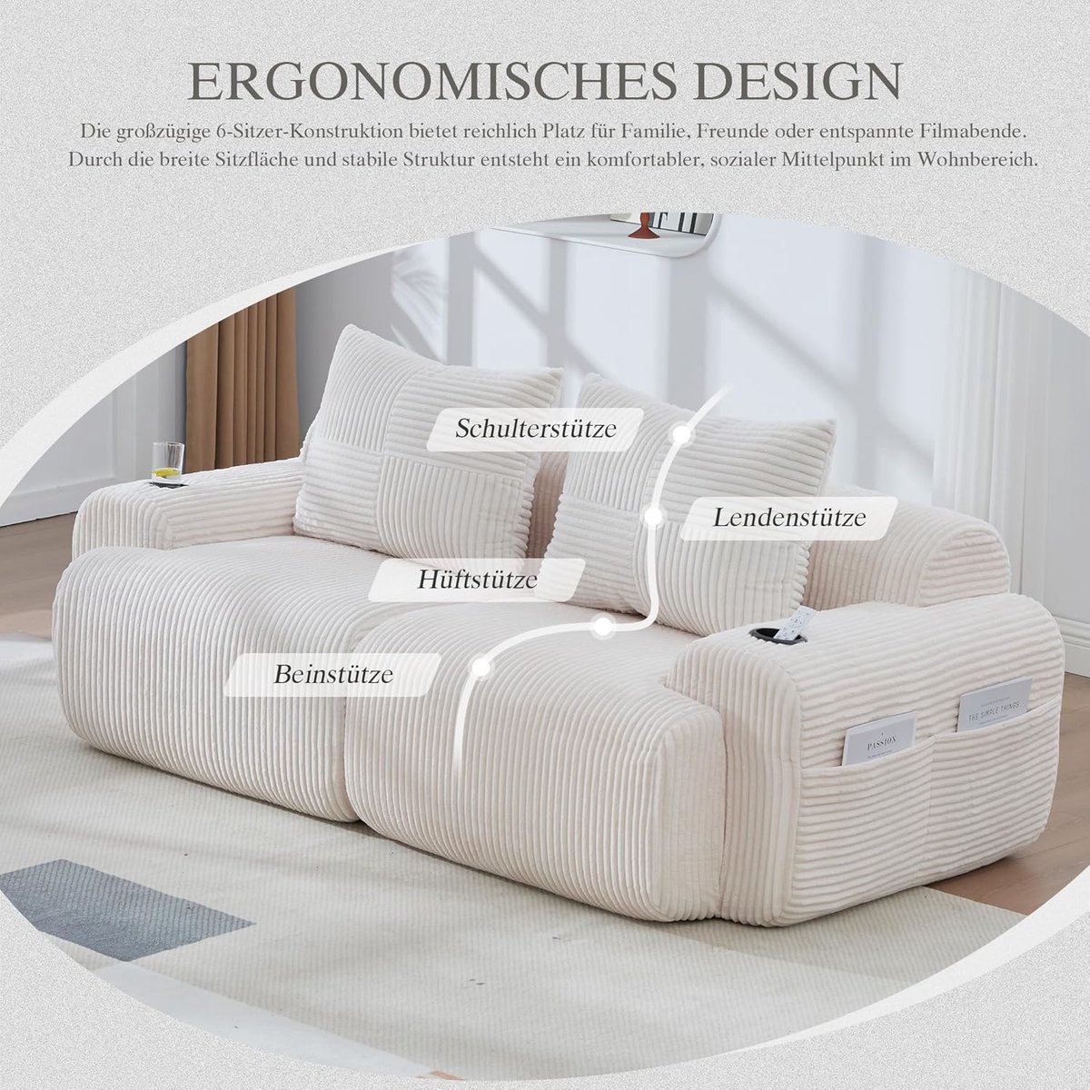 Sofa - loungeset 2-zits bank Arqam Luxe Corduroy Modular sofa Moderne Beige Bank met Bekerhouder & Opbergtas – Montagevrij Comfortabele Tweezits Bank voor Woonkamer, Slaapkamer, Kantoor – Extra Zacht Schuim & Ergonomisch Design – 300 kg Draagvermogen