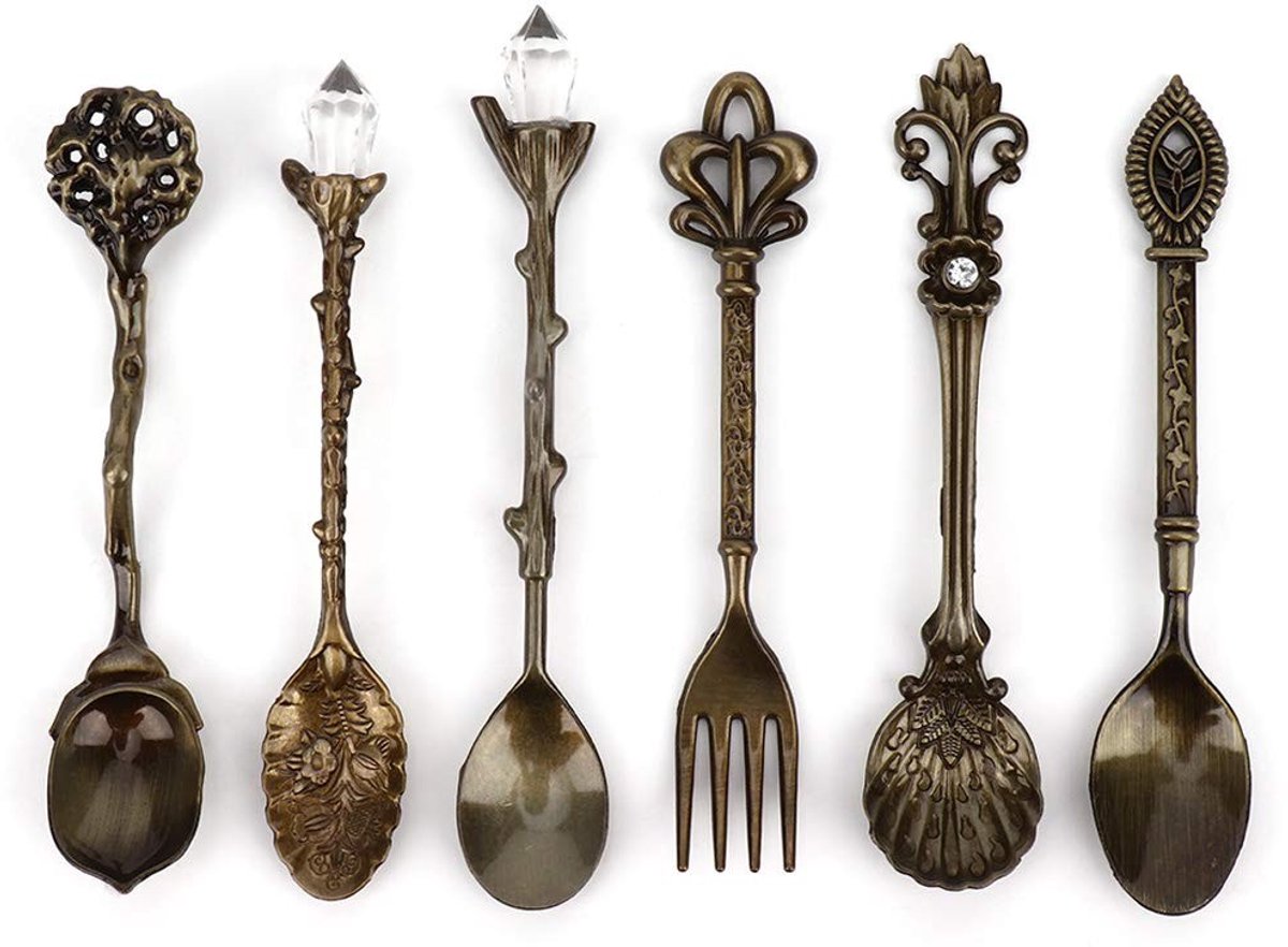 Allecto - Vintage Gesneden Koffielepel - Retro Lepelset - Groen brons - Zinklegering - Dessert Servies - Perfect voor Koffie en Thee