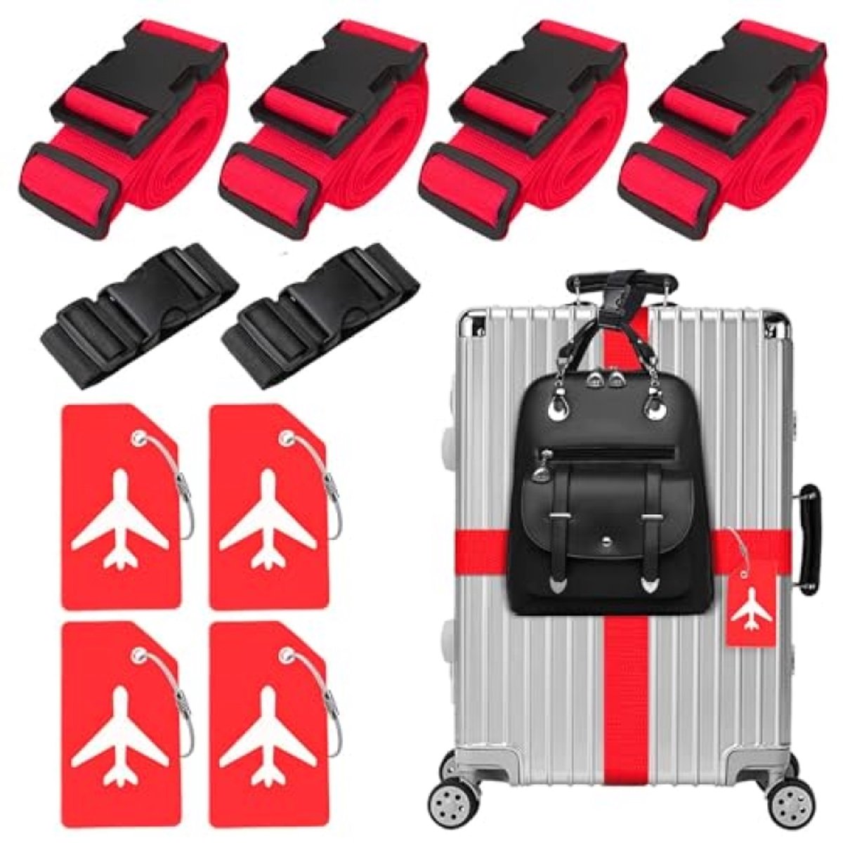 4 stuks kofferriemen, 4 stuks kofferlabels en 2 stuks extra bagageriemen - verstelbare bagageriem voor koffer - opvallend rood