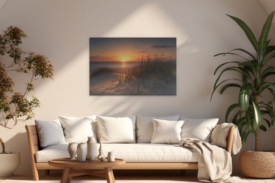 Artaza Canvas Schilderij Zonsondergang Strand - Duinen En Hoog Gras - 120x80 cm - Groot - Wanddecoratie Woonkamer - Schilderijen - Muurdecoratie