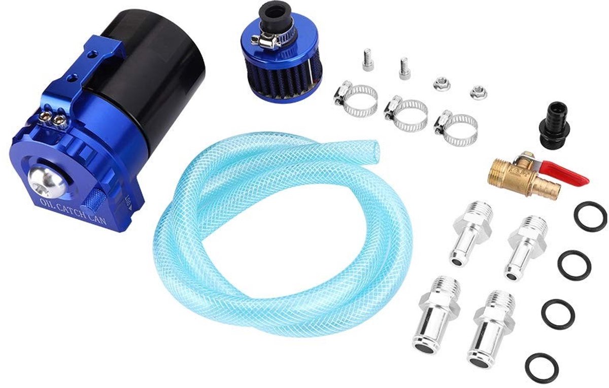 Allecto - Olieopvangbak - Motorolie- en gasfilter - Universele motor-opvangbak - Zwart en blauw - Ontluchtingsdoos - Geschikt voor motoren - 300 ml