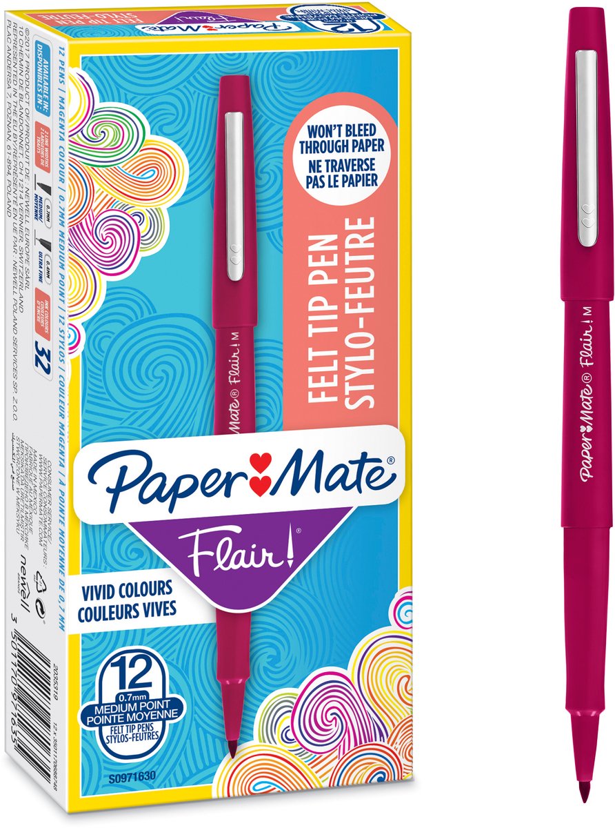 Paper Mate Flair-viltstiften | Medium punt (0,7 mm) | Magenta | 12 stuks