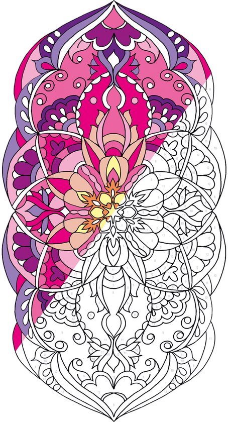 Gekleurd mandala-achtig bloemontwerp in roze en paarse tinten. De onderkant is nog niet ingekleurd.