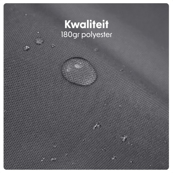 Close-up van donkergrijs 180gr polyester parasoldoek met waterdruppels.