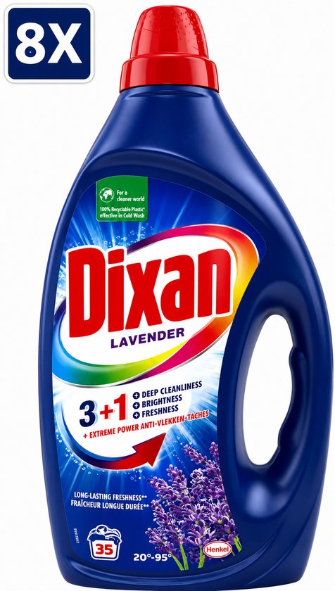 8 x Dixan - Vloeibaar Wasmiddel en Vlekverwijderaar - Witte en Gekleurde Was - Lavendel - 35 Wasbeurten