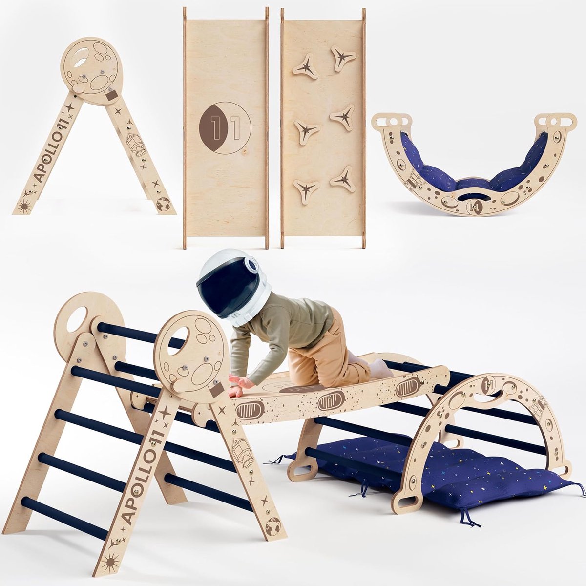 Goodevas 5-in-1 Apollo 11 Geïnspireerde Ruimte Klimset voor Peuters – NASA Editie Montessori Klimrek met Pikler Driehoek, Klimboog, Helling & Sterrenkussen voor Kinderen van 1-3 Jaar