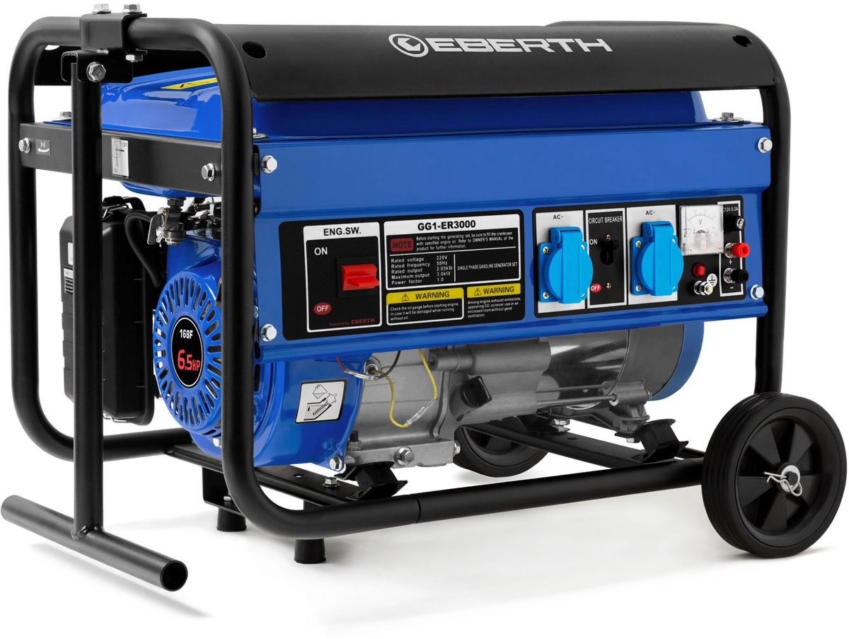 EBERTH 3000 Watt Noodstroomgenerator met chassis, 6,5 pk benzinemotor, 4-takt, 1-fase, 2x 230V, 1x 12V, automatische spanningsregelaar (AVR), beveiliging tegen laag oliepeil, brandstofmeter
