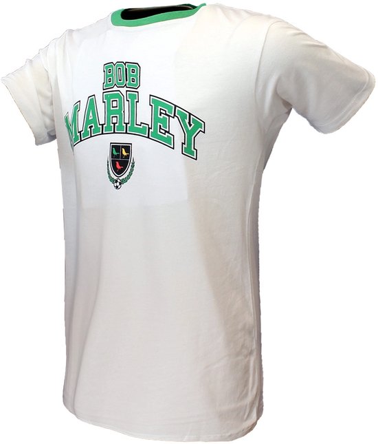 Witte T-shirt van Bob Marley met groen shirtkraag en opdruk 'BOB MARLEY'.
