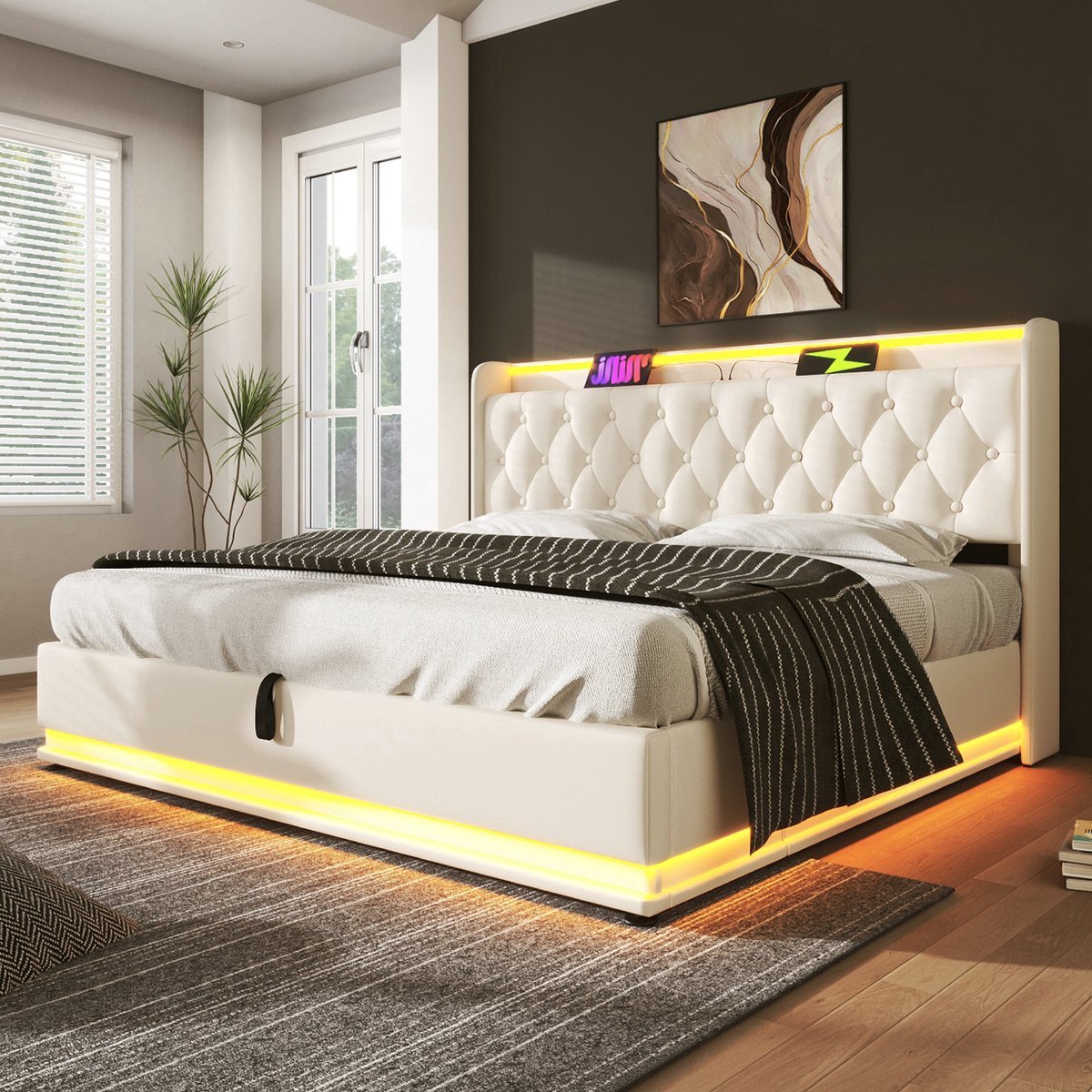 VVBV Gestoffeerd Bed 160x200 cm met 360° LED, App-bediening - Afstandsbediening, USB-C - PU-leer Wit - Zonder Matras