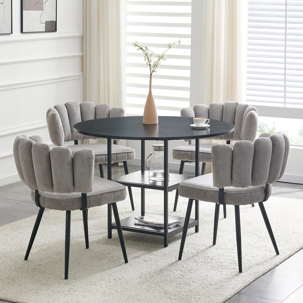 Tafel- en stoelenset: Ronde eettafel van 107 cm met dubbel opbergvak + 4 grijze eetkamerst
