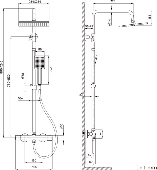 Auralum Max Regendouche - Ø 25.4 cm - Regendouche en Handdouche - Inclusief thermostaatkraan - 15 cm hartafstand - Doucheset - Verstelbare douchestang 88-124 cm - Zwart