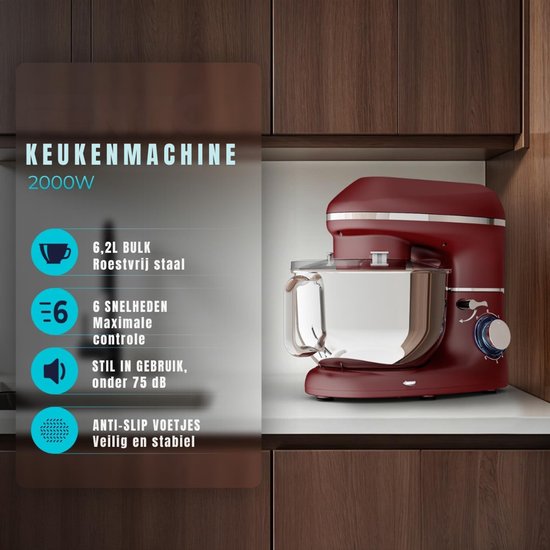 YOR® Deegmachine - Elektrische Deegmixer - Keukenmixer - 6,2L - Mixen en Mengen- Rood - 38cm x 24cm x 32cm ; 6.34 kg van Yor — afbeelding 3