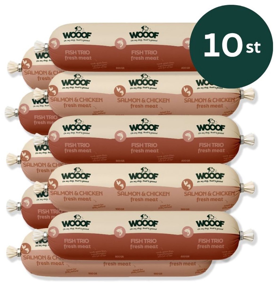 Wooof WOOOF Vis worsten pakket - Vers Vis Vlees Natvoer - Houdbare worsten hondenvoer - Zalm worst en Vis mix - 10x 800gram
