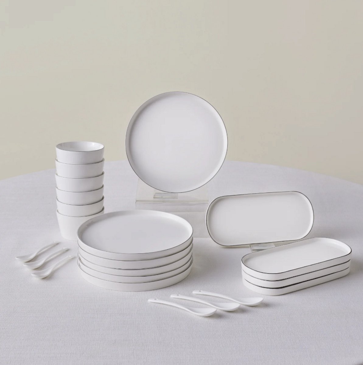 Karaca Forever Bone Bomo Ontbijtset 22-delig - 6 Personen - Bone China - Wit met Platina Rand - Borden, Kommen en Schalen