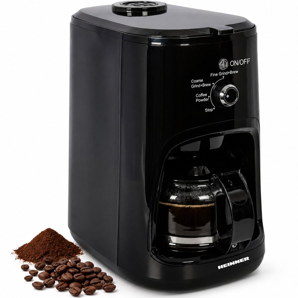 Heinner HCM-900RBK Koffiezetapparaat met Koffiemolen - 900W - 0.6L - 4 Kopjes - Instelbare Maalgraad Fijn/Grof - Voor Koffiebonen & Gemalen Koffie - Glazen Kan - Zwart