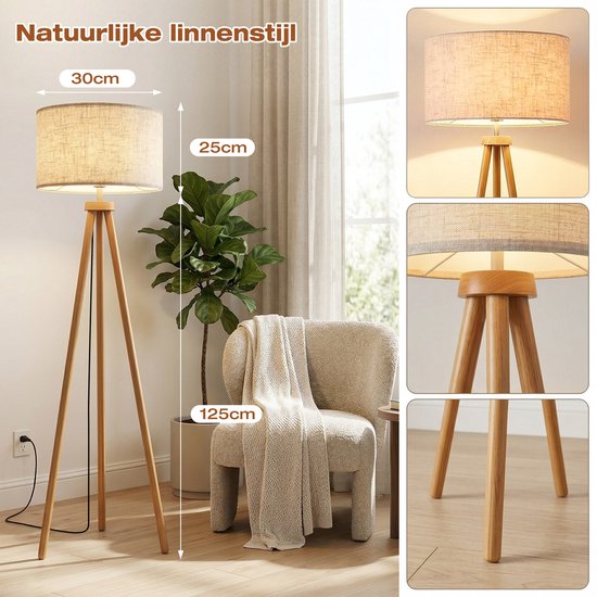 MUPOO Lampadaire trépied rustique en métal aspect bois avec abat-jour en lin - Ampoule LED et interrupteur au pied inclus - Lampadaire trépied scandinave pour salon - Lampadaire de lecture sur trépied moderne pour coin lecture ou bureau