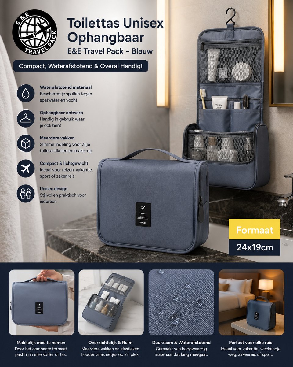 Toilettas Unisex Ophangbaar – E&E Travel Pack Blauw – Toilettas Dames - Make-up tasje-Compact & Waterafstotend – Organizer met Meerdere Vakken – 24x19cm – Ideaal voor Reizen & Vakantie Make-up tasje - Grijs Hotelkamer
