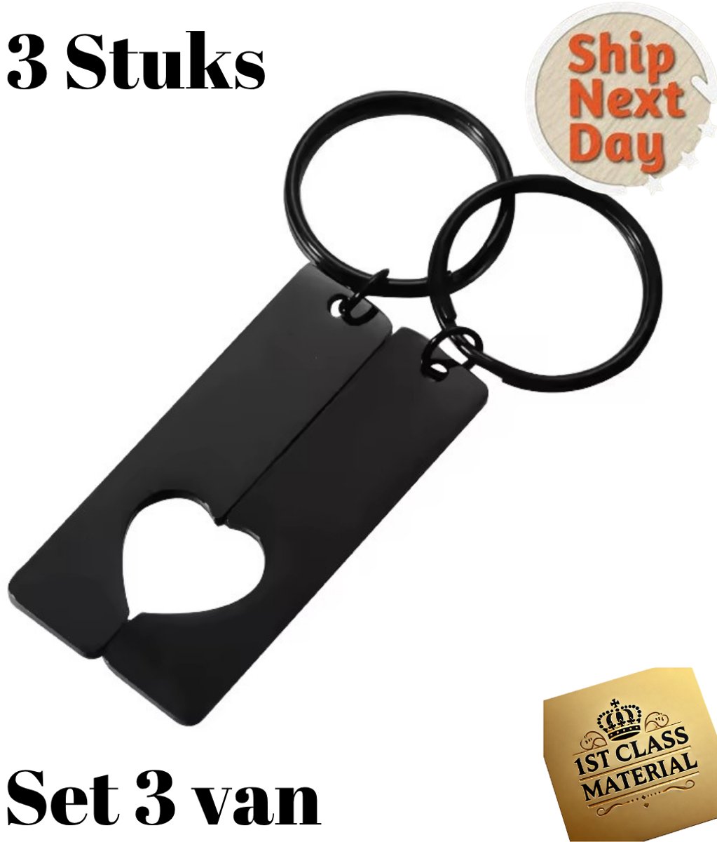 Hart Sleutelhanger | Vaderdag Cadeau | Valentijn Cadeautje | Persoonlijk cadeau | Valentijnsdag Cadeau | Zwart | Metalen/RVS | Set van 2 | Love Design | Perfect Muziekcadeau voor Koppels & Feestdagen!