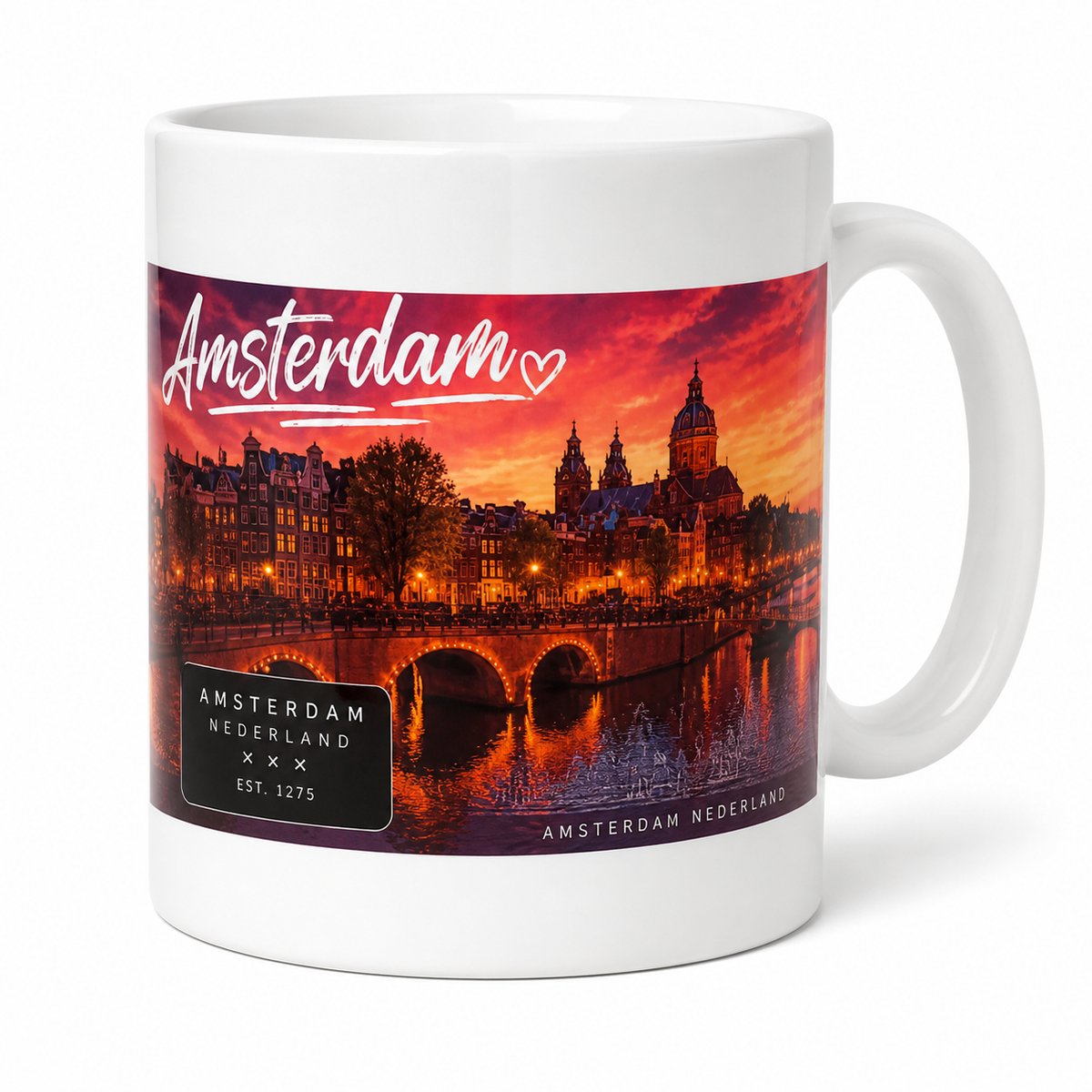 Amsterdam Mok met Skyline – Witte Koffiemok Amsterdam Grachten – Keramische Mok 325ml – Souvenir Mok Amsterdam – Cadeau Amsterdam