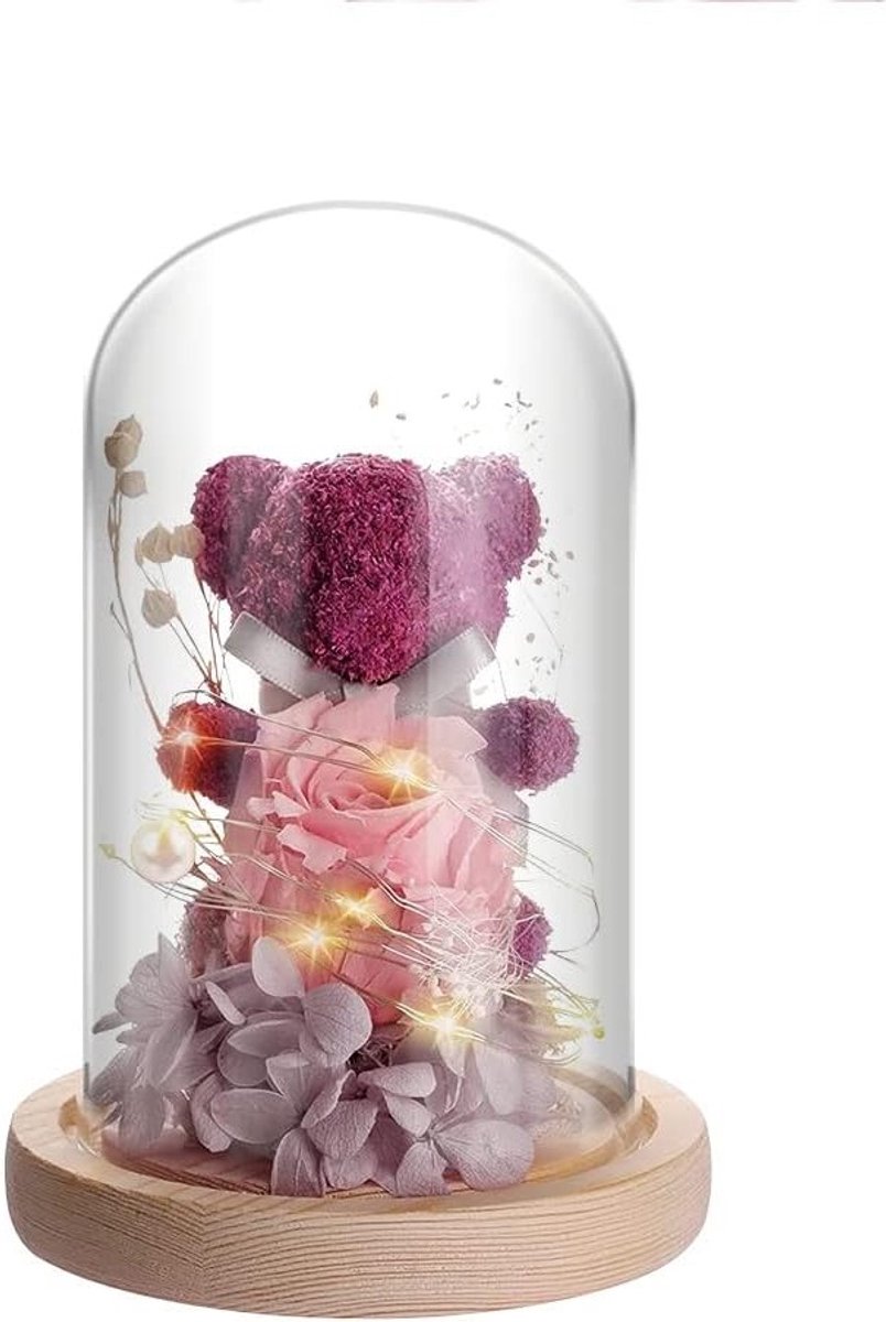 Eternal rose beer in glazen doos met LED-verlichting en houten basis, perfect cadeau voor vrouwen, moeders, verjaardagen en speciale gelegenheden