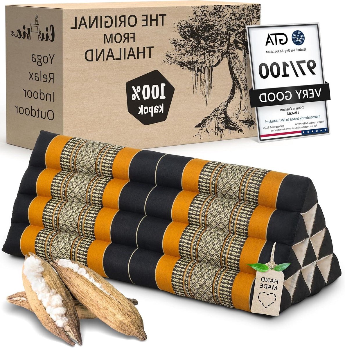 Driehoekkussen Breed - Leeskussen Rugsteun - Ontspannen Zitten - Extra Brede Uitvoering - 33x80x30cm - Zwart/Oranje