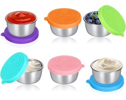 Set van 6 mini sauspotjes met deksels - 50 ml - roestvrij staal - saladedressingpotjes -Mini Vershoudbakjes - Diepvriesbakjes - Voorraaddoosjes Met Deksel Uit Silicone - Dressing Bakje - Lekvrij - Voor Snack/Dips/Salade/Specerijen Enz