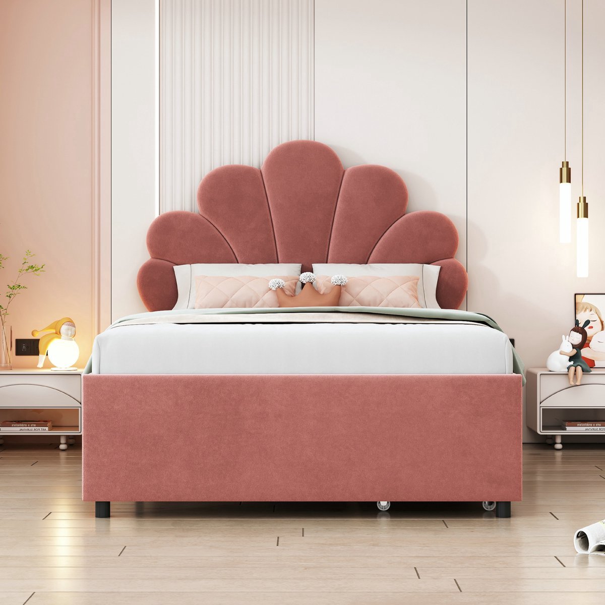 VVBV Kinderbed 90x200 – Gestoffeerd Meisjesbed met Gebloemd Hoofdbord, Lattenbodem en 2 Opbergvakken – Fluweel – Roze – Ook als Logeerbed