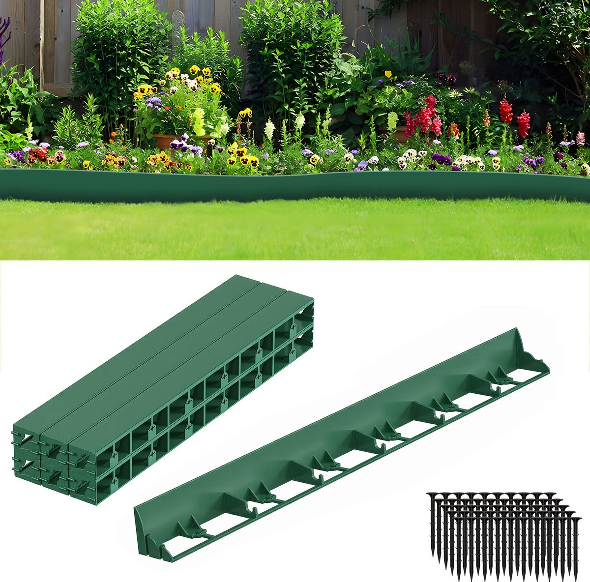 Flexibele Kunststof Borderrand Groen 60 m - Perkrand met 250 grondankers - Tuinafboording zonder graven - DIY Gazonrand tuinrand - Flexibele Tuinborders voor Wegen/Begrenzingen/Kiezelwegen