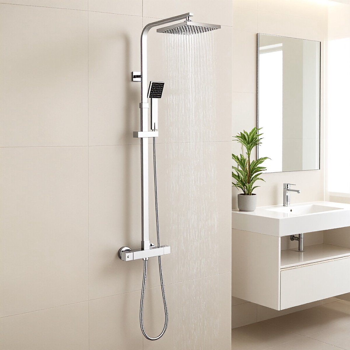 LEOHEO Max Regendouche met Thermostaatkraan - Doucheset - Ø 20 cm Douchekop - Met thermostaat Regendoucheset - Verstelbare Hoogte 96-128 cm - Waterbesparend - Zwart