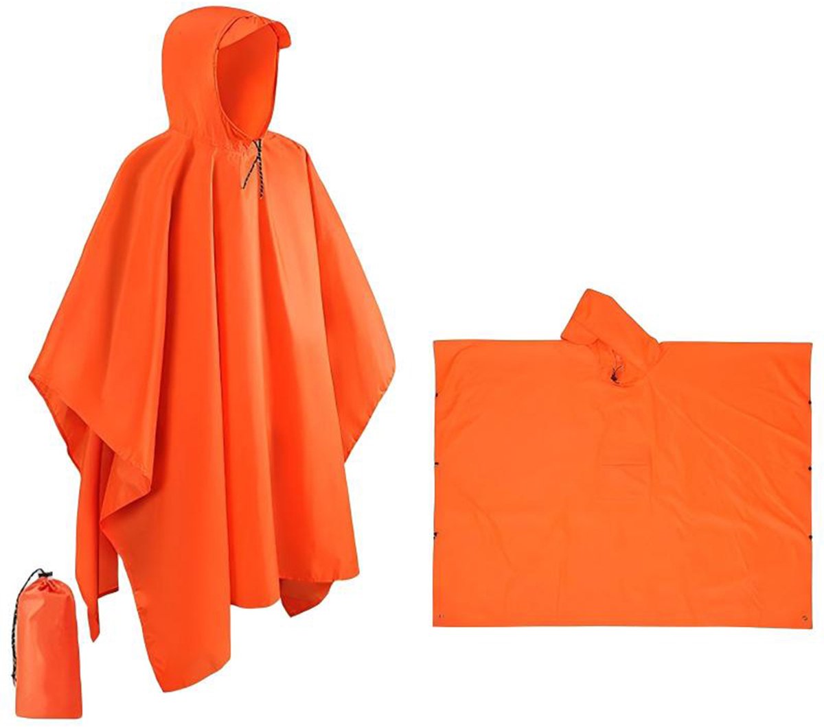 3-in-1 Multifunctionele Regenponcho - Te Gebruiken Als Poncho/Tarp/Grondzeil - PU Gecoat Waterdicht - Voor Kamperen/Wandelen/Reizen/Nood - Met Capuchon + Koperen Ringen - Voor Buitenliefhebbers - Oranje - 160x210cm - 1 Stuk