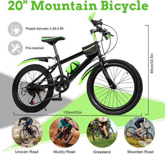20 inch Kinder Mountainbike - 7 Versnellingen - Verstelbaar - Met Opbergtas, Kompas en Bel - Jongens & Meisjes van Merkloos — afbeelding 4