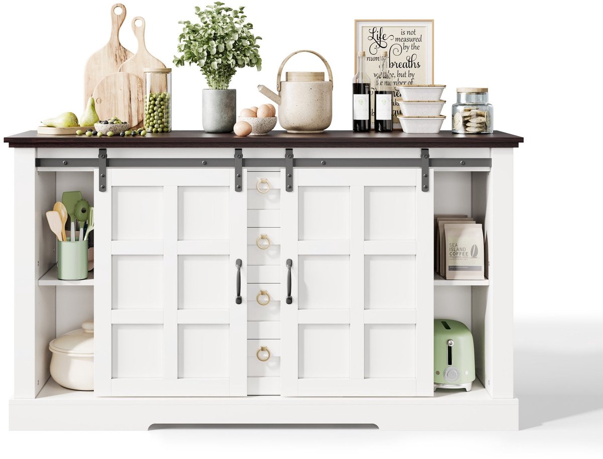 Merax Dressoir Kast met Schuifdeuren en 4 Lades - Opbergkast met Verstelbare Planken - Kast Landelijke Stijl - Wit 150x40x85 cm