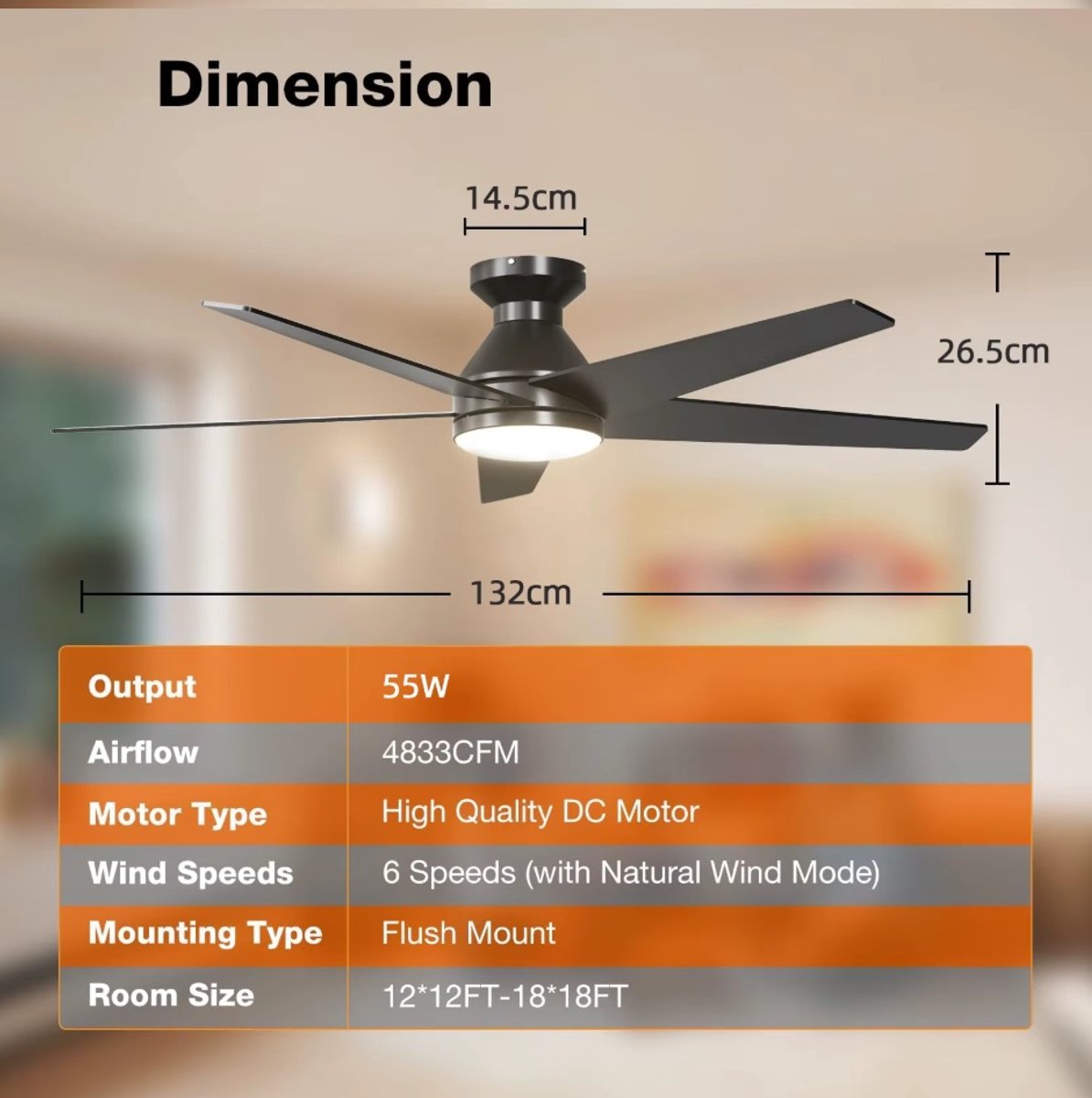 Plafondventilator 5 blad Ø132cm zwart - stille ventilator – top kwaliteit - energie zuinig – met remote - ventilator voor laag plafond - 6 snelheden – beste alternatief voor airco - zomer en winter stand – zwarte ventilator thumbnail 5