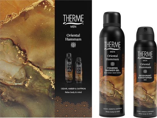 Therme Men Oriental Hammam geschenkverpakking geopend met een marmerprint. Twee flacons met douchegel en deodorant/bodyspray ernaast.