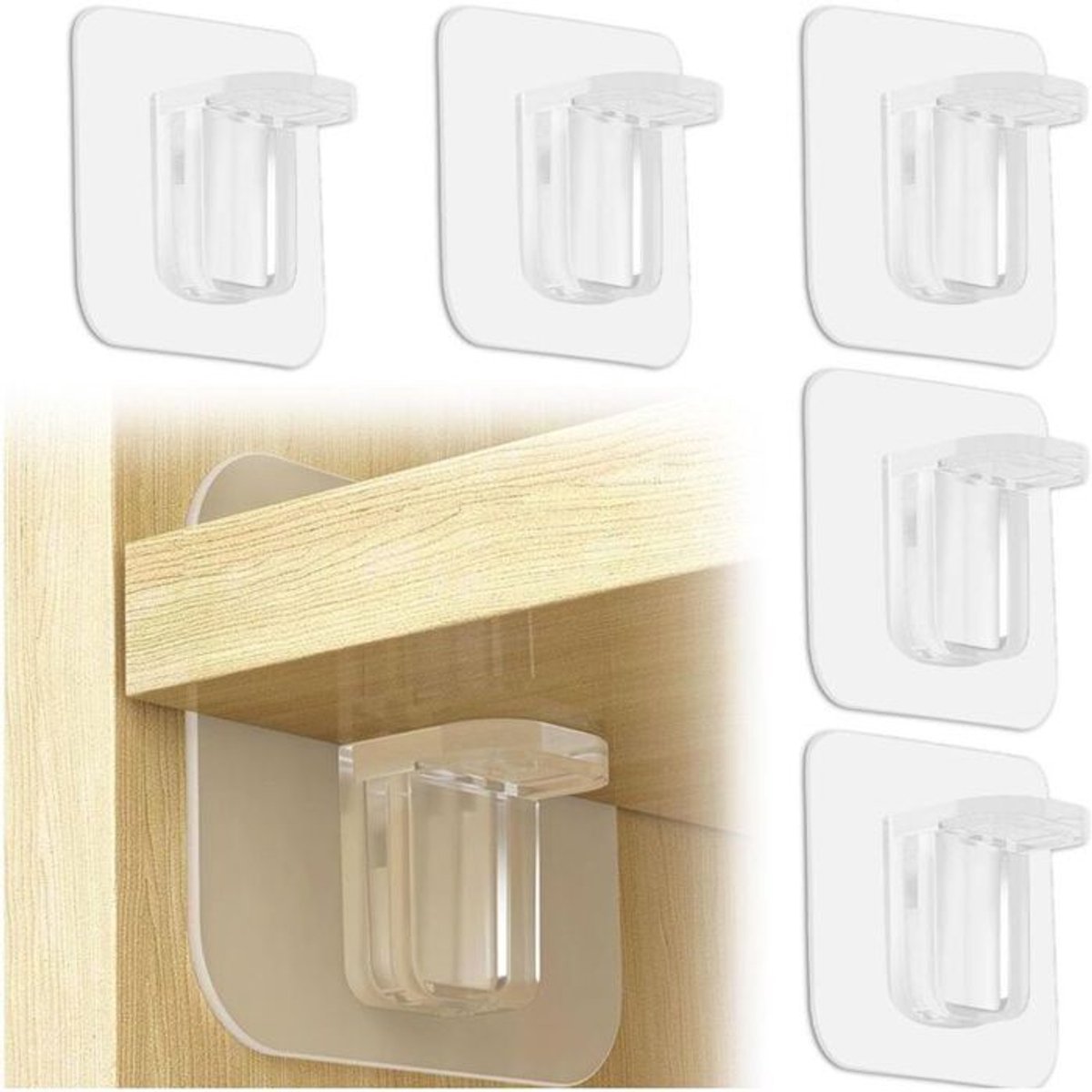 Een set van 5 stevige en aantrekkelijke zelfklevende plankdragers van acryl en hars. Geschikt voor meubels, kasten, kledingkasten en boekenkasten.