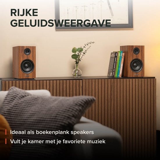 Boekenplank speakers - Audizio BS15 - Actieve speakerset met Bluetooth - HiFi speakers - 60W - Houtlook — afbeelding 2