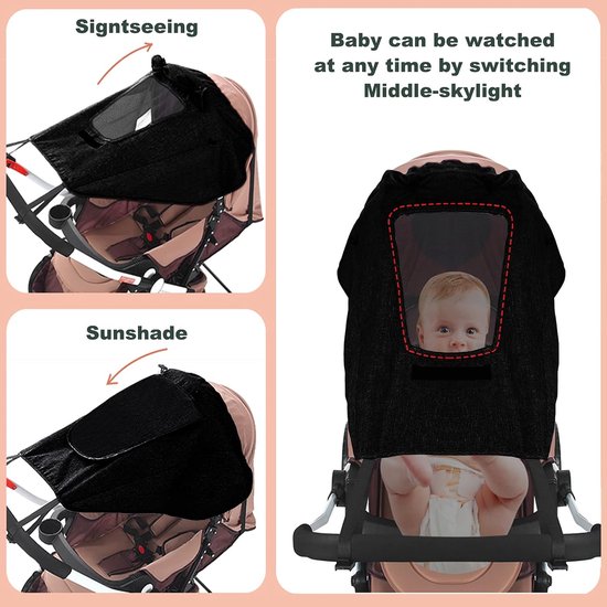 Universele Zonnekap voor Kinderwagen en Buggy - UV 50+ Zonnescherm met Kijkvenster - Waterdicht - Zwart van Universele — afbeelding 5