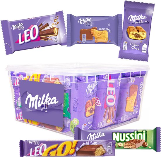 Un assortiment de biscuits Milka dans des emballages violets, dont LEO, Nussini, Choco Moo et Cake & Choc.